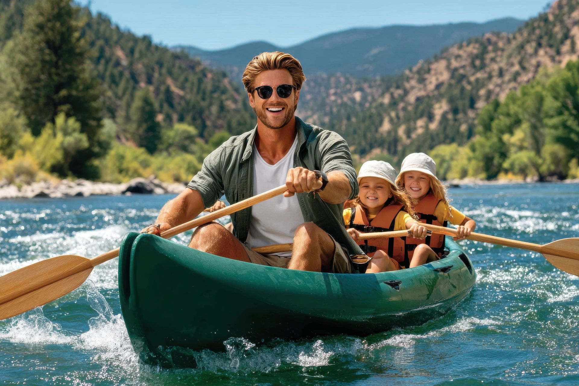 Family canoeing on a mountain lake, man paddling with two children, smiling in bright sunlight
