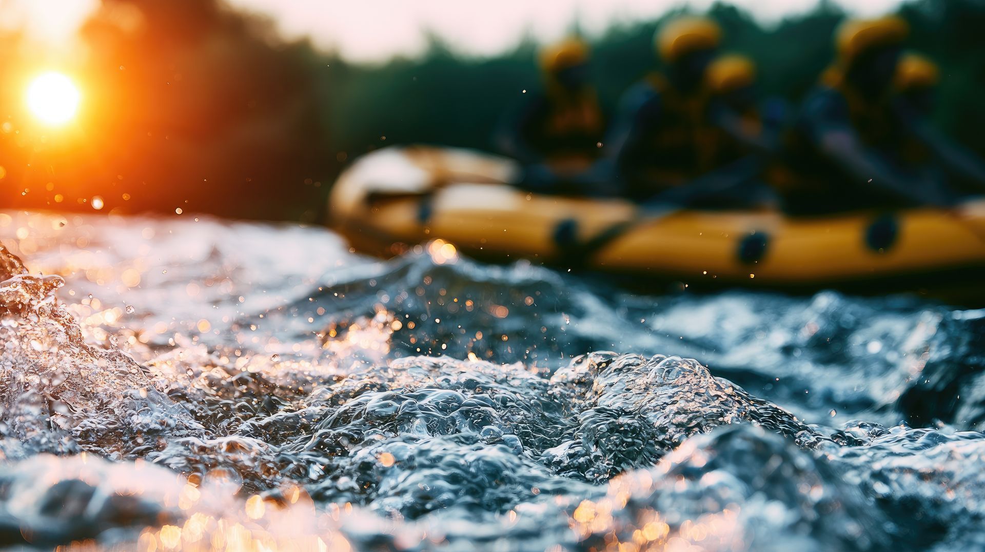 Person in kayak paddling through rushing water at sunrise, with orange reflections and splashing waves