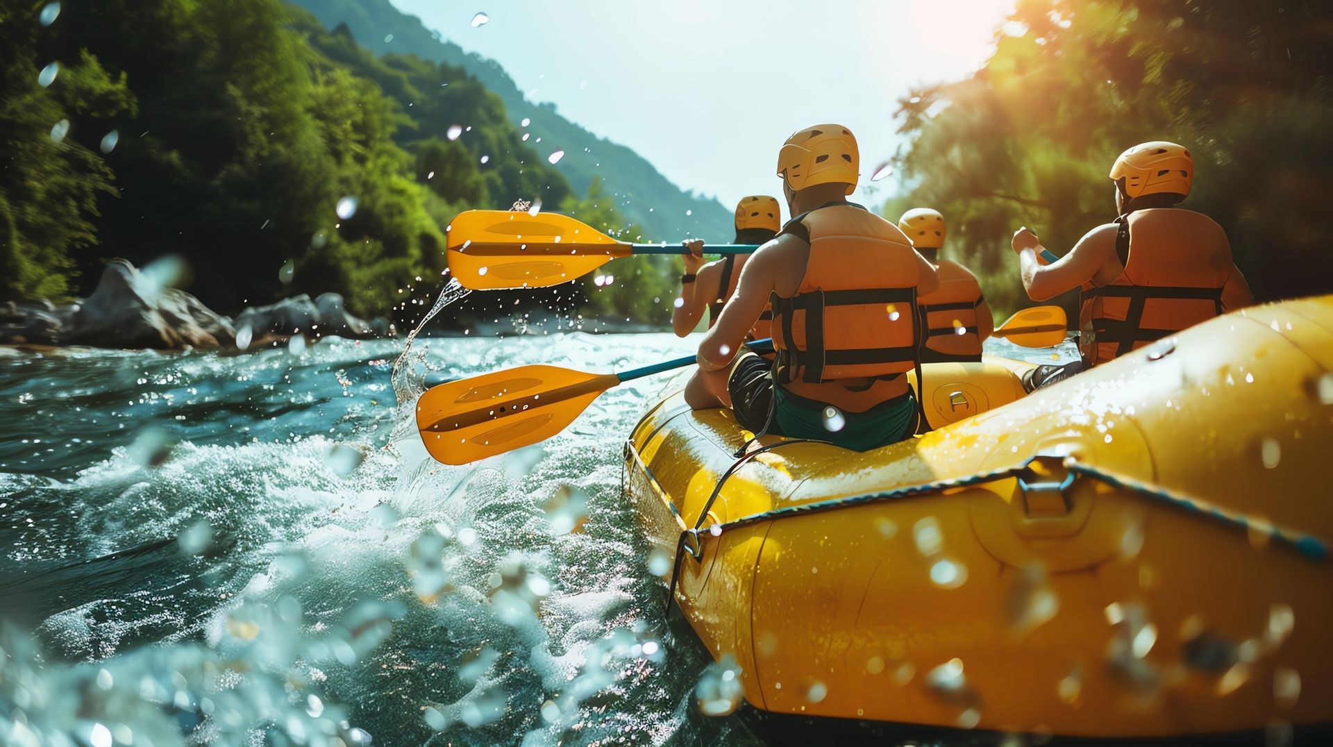 Yellow raft with orange-vested paddlers rushing down a rocky river in sunlight
