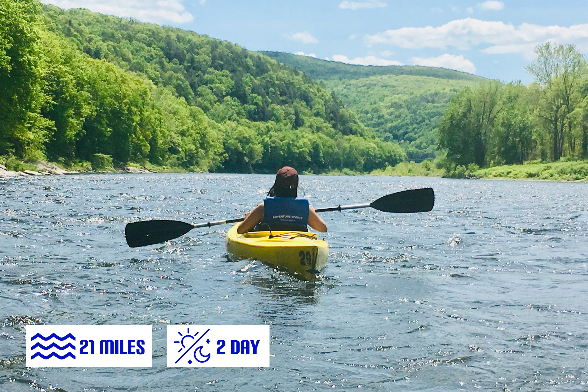 A person with adventure sports is paddling a yellow kayak on a river.