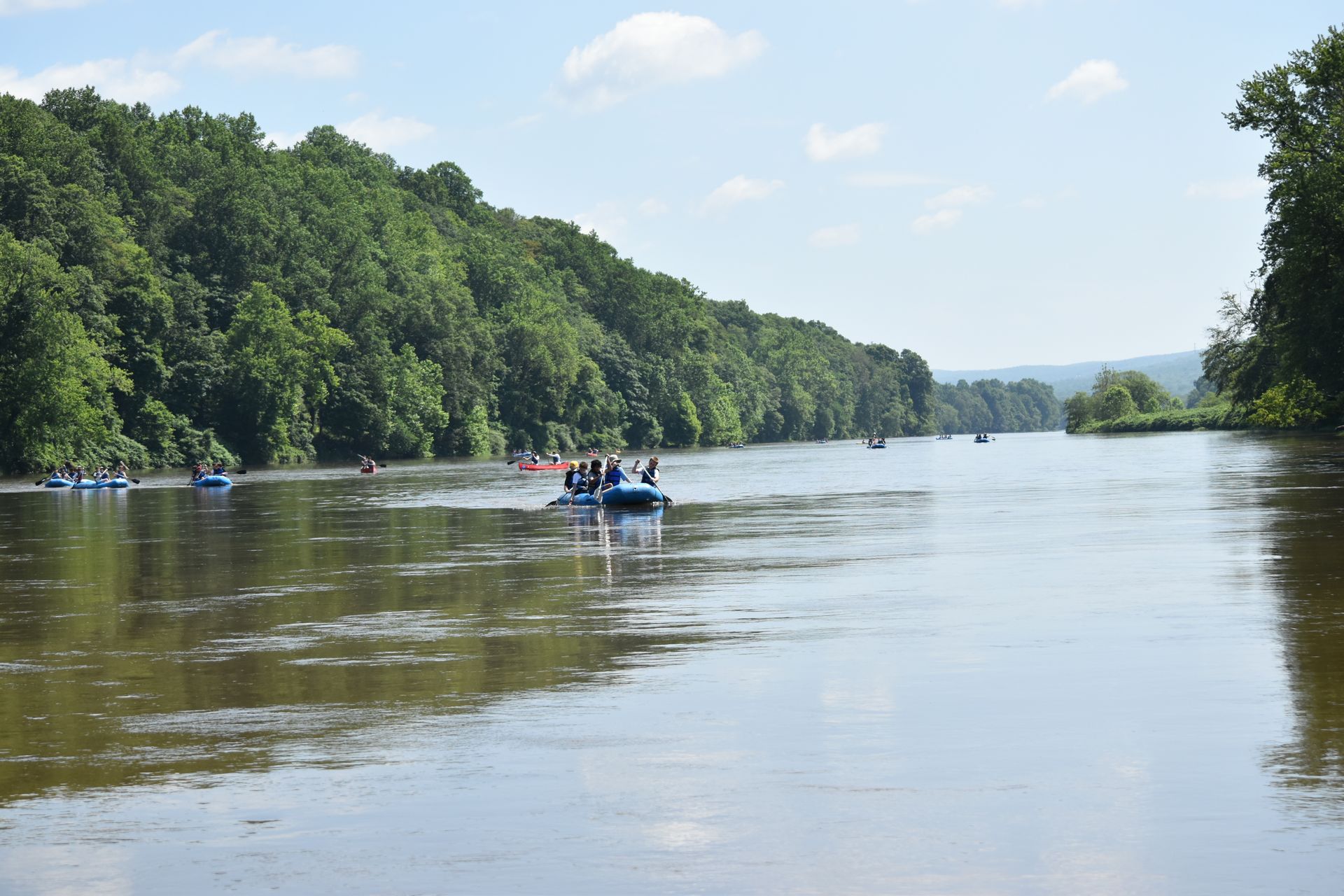 Two small boats on a wide river bordered by dense green trees under a bright sky