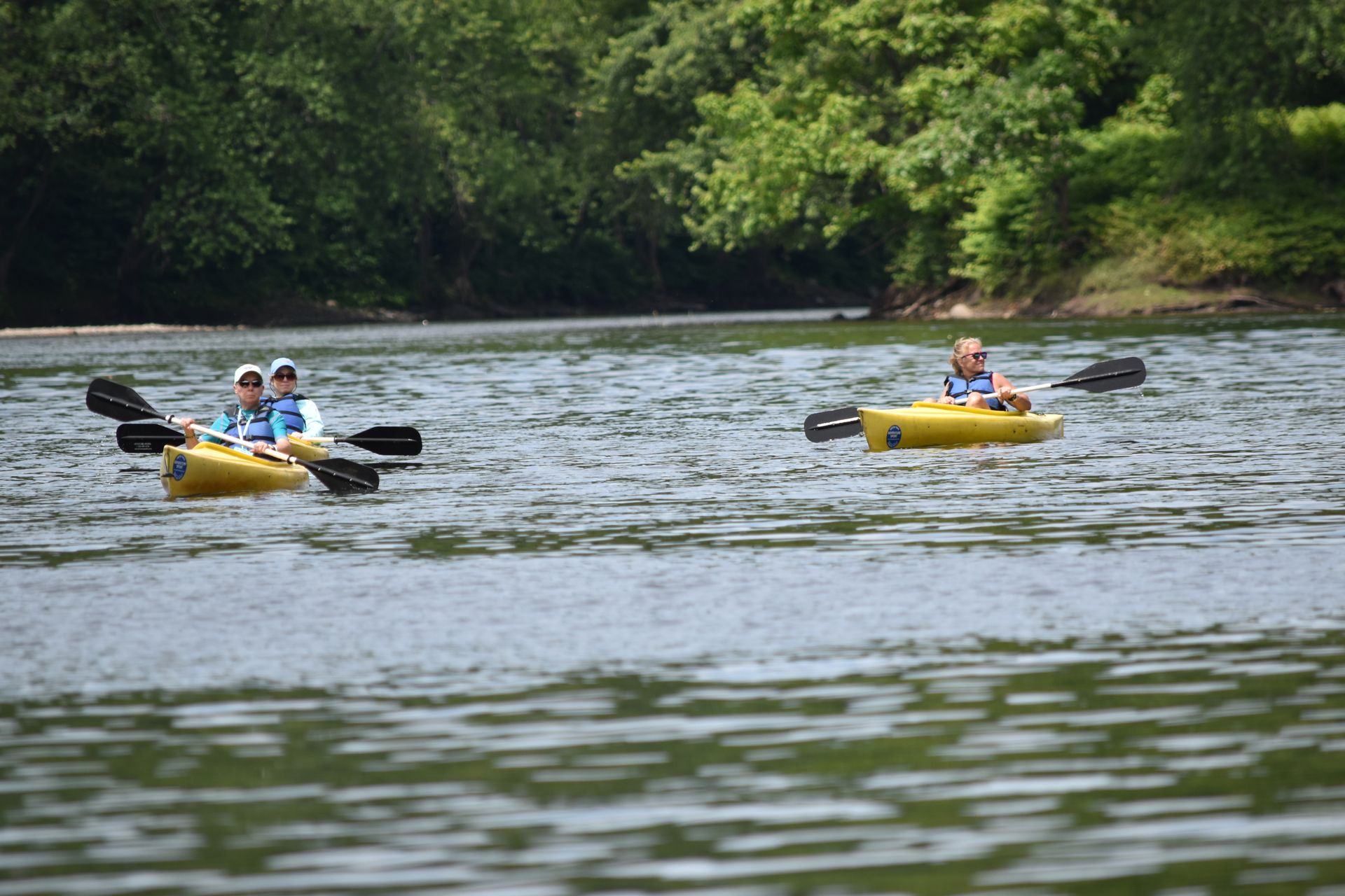 A group of people are kayaking down the Delaware river.
