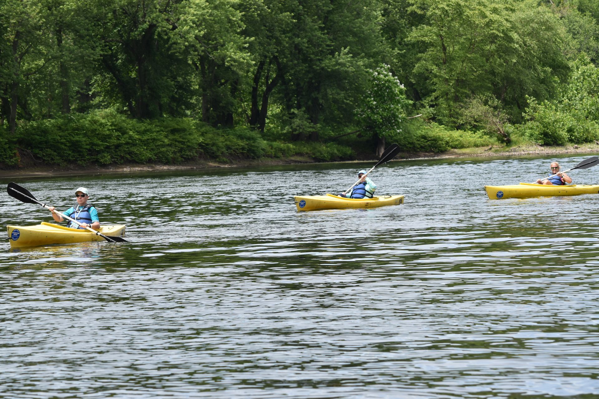 A group of people are paddling adventure sports kayaks on a lake.