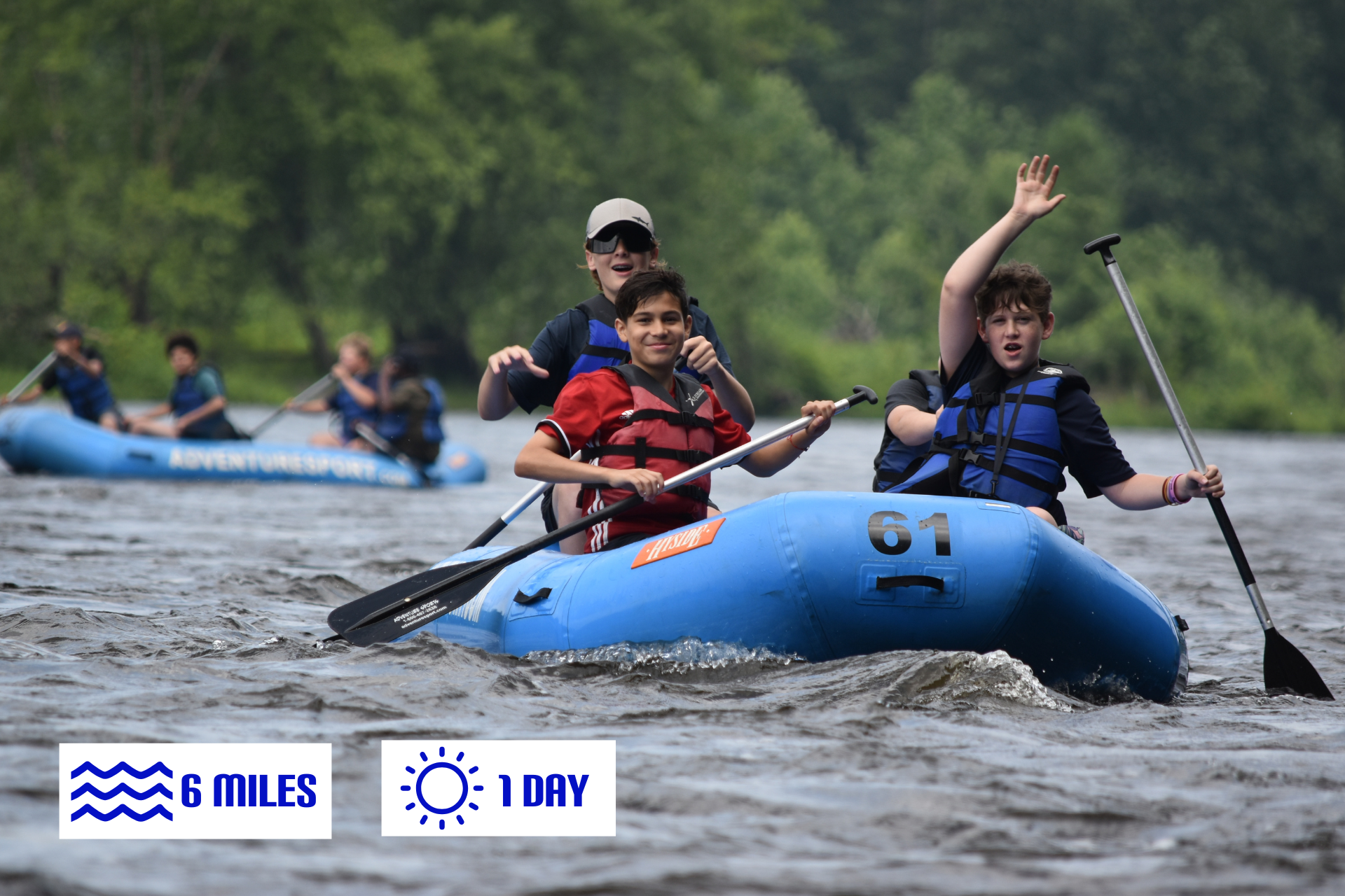 A group of people are rowing canoes down a river through Adventure Sports.