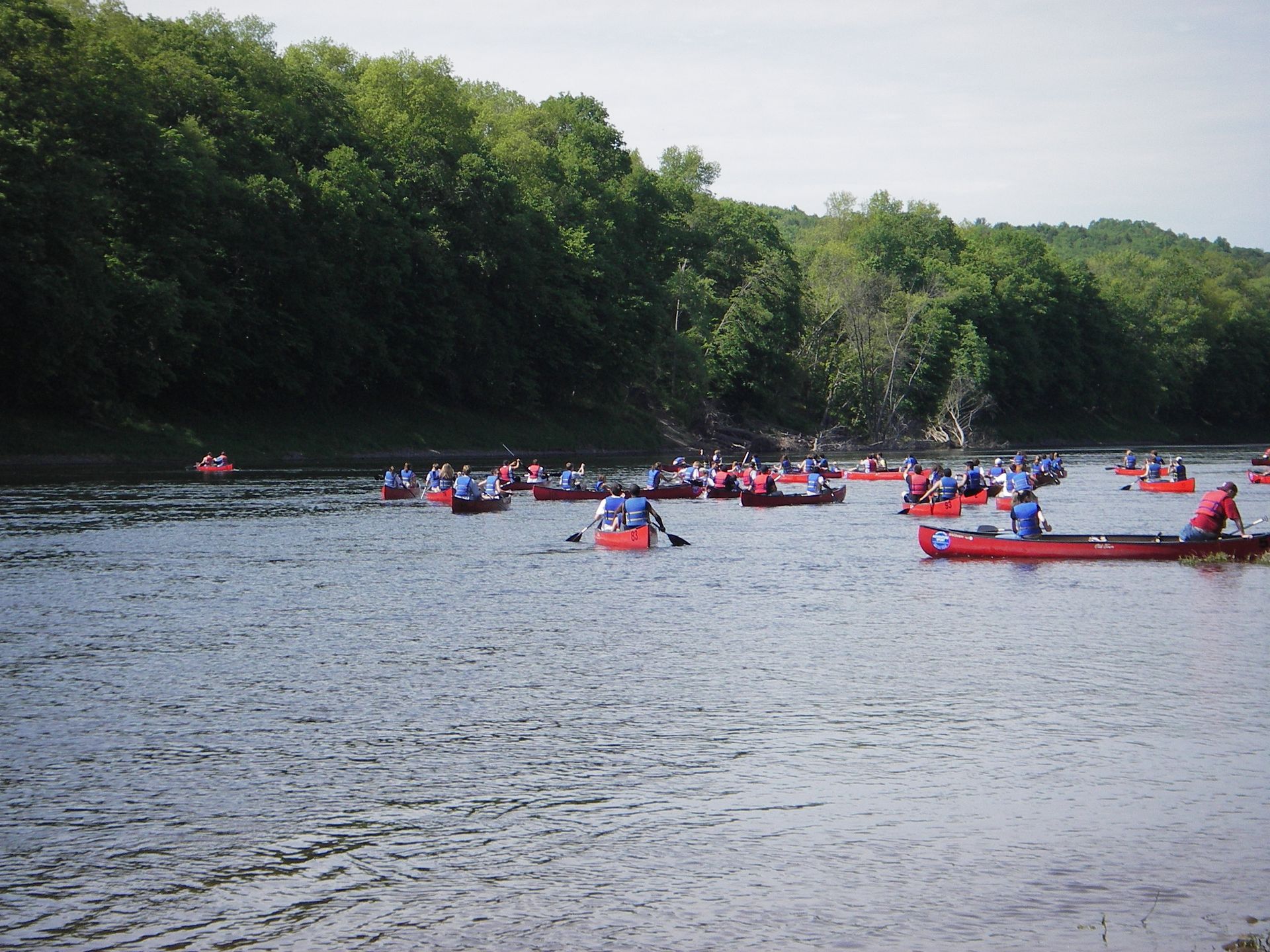 A group of people in red adventure sports canoes are paddling down a river