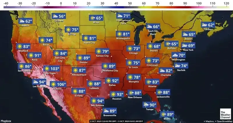 A map of the united states showing the weather forecast A map of the united states showing the weather forecast
