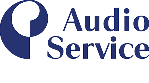 Un logotipo azul y blanco para el servicio de audio.