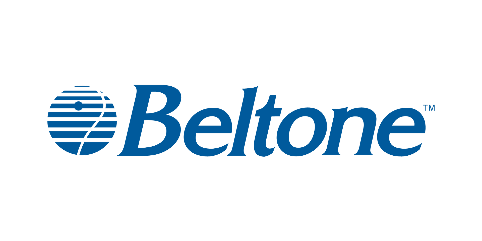 El logotipo de Beltone es azul y blanco sobre un fondo blanco.