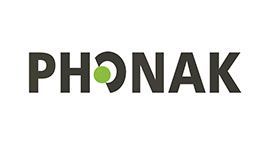 El logotipo de Phonak es negro y verde con una bola verde en el medio.