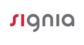 El logotipo de Signia es rojo y gris sobre un fondo blanco.