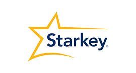 Un logotipo de Starkey con una estrella amarilla sobre un fondo blanco.