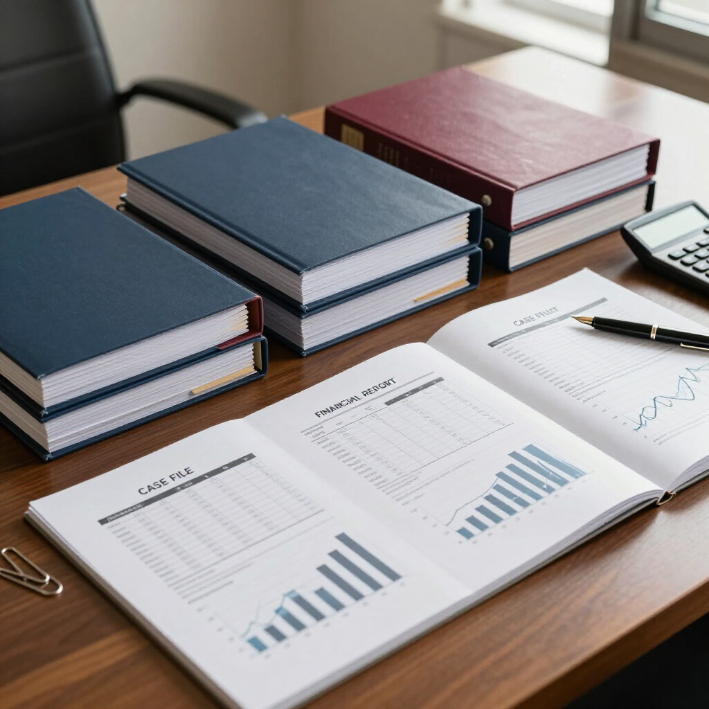 Open report with charts on a desk beside stacked notebooks and a calculator