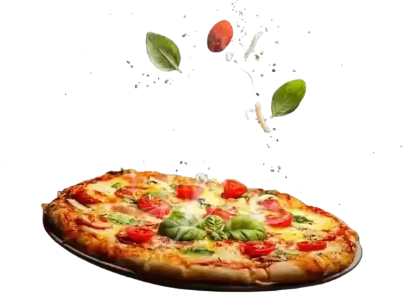A pizza topped with cheese, tomatoes, and basil, with fresh ingredients floating