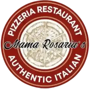 Circular restaurant logo for Mama Rosaria's with a hand-drawn pizza 
