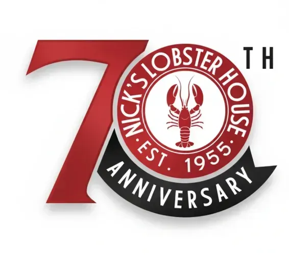 A red and black logo for Nick's Lobster House 70th anniversary, featuring a red lobster icon