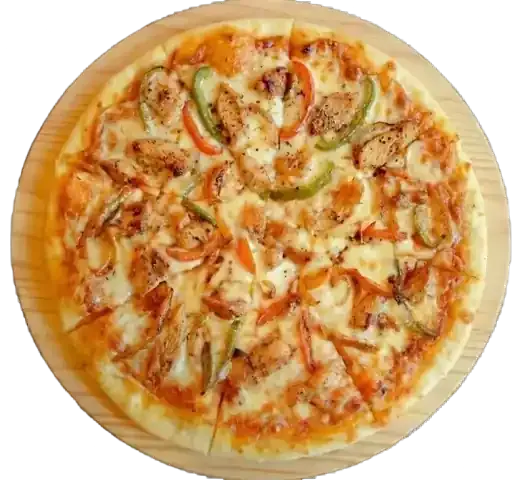 A top-down view of a sliced pizza with cheese, bell peppers