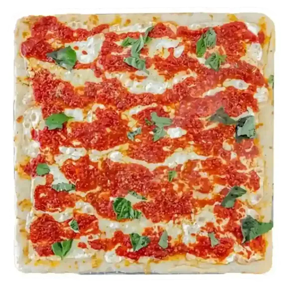 A square, thin-crust pizza topped with red tomato sauce, melted mozzarella cheese
