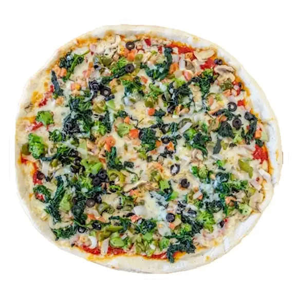A veggie pizza topped with broccoli, kale, black olives, onions, and red sauce on a thin crust.