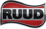 RUUD logo in bold black letters on a red and silver shield-shaped background