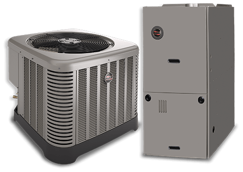 Gray HVAC outdoor air conditioner unit shown from two angles on a white background