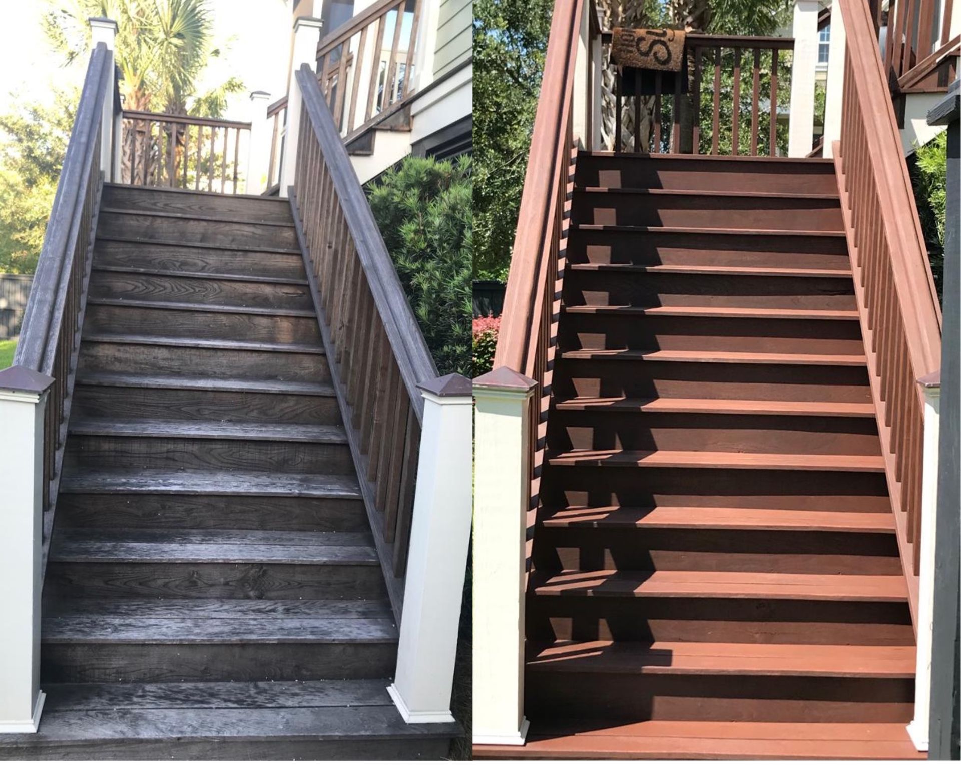 A before and after picture of a wooden deck staircase.
