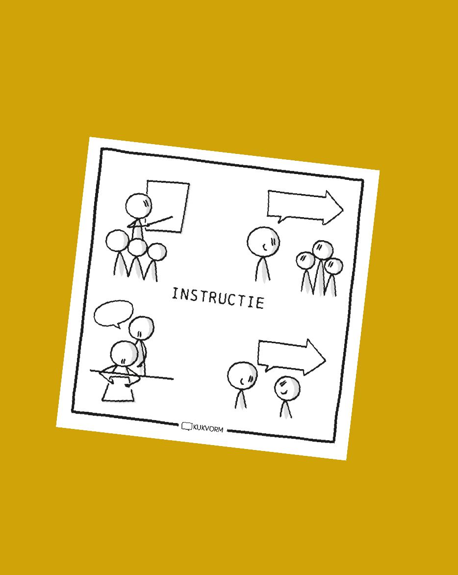 Zwart-wit cartooninstructies op een schuin wit vel papier tegen een gele achtergrond.