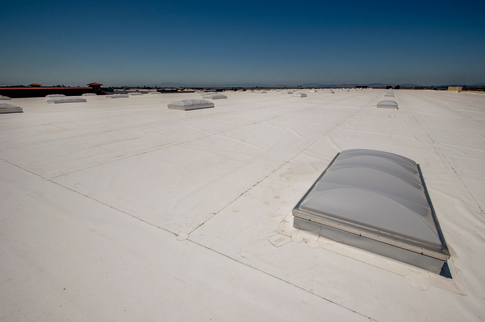 Flat white rooftop with several skylights under a clear blue sky.