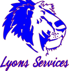 A blue and white logo for lyons services