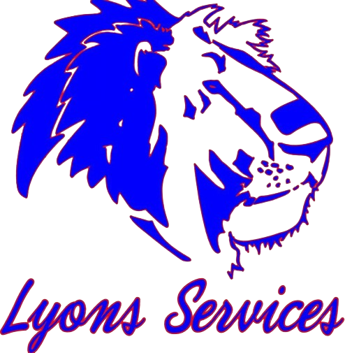 A blue and white logo for lyons services