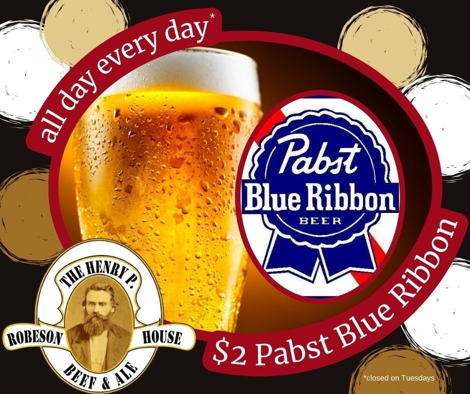 Pabst Blue Ribbon beer ad with red circular banner and a beer bottle over a frothy glass