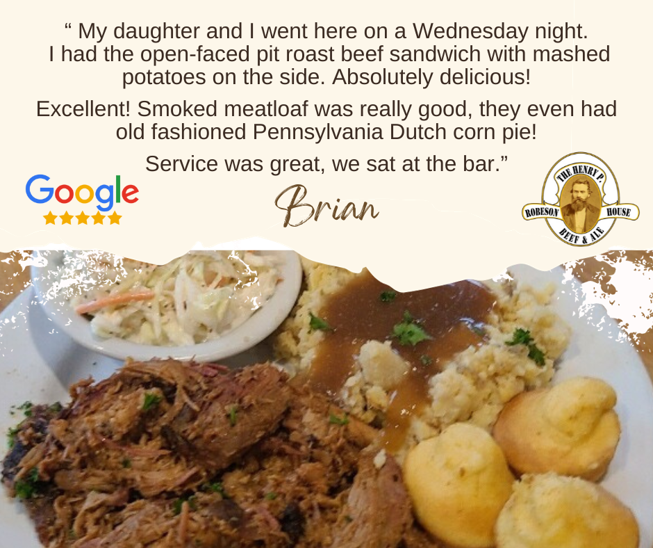 Smoked pot roast sandwich with mashed potatoes, slaw, corn, and roasted potatoes in a restaurant review graphic