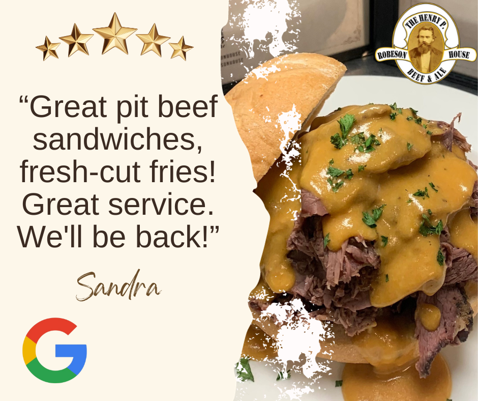 Five-star review praising great pit beef sandwiches, fresh-cut fries, and service beside a cheesy sandwich photo