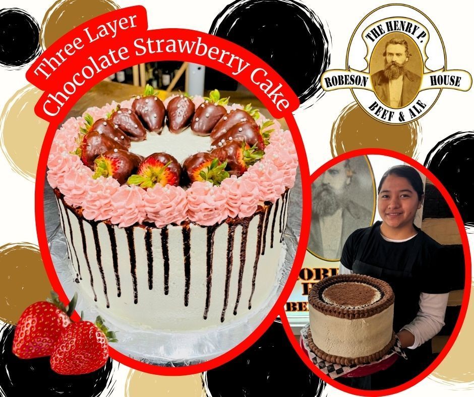 Three-layer chocolate strawberry cake with strawberries, pink frosting, and a baker holding it beside the design logo.