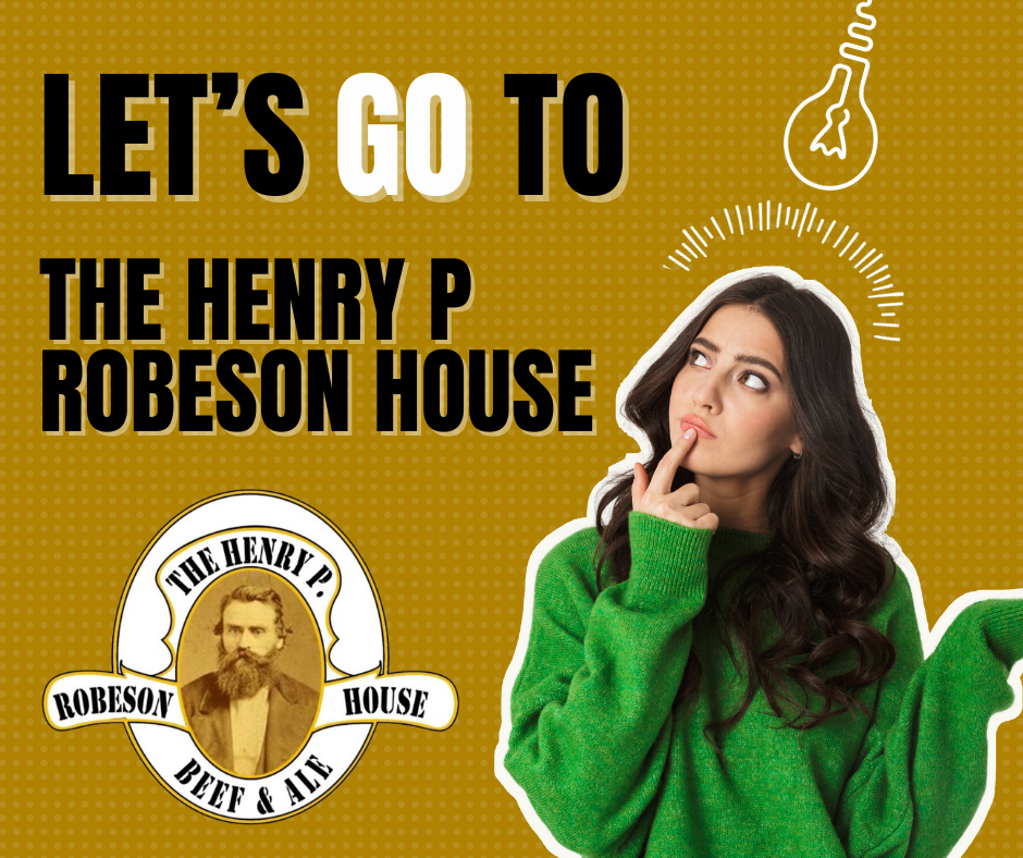 Promotional graphic for the Henry P. Robeson House with a woman in a green sweater on a gold background