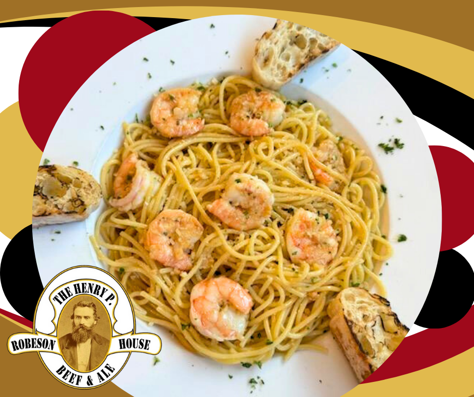 Shrimp spaghetti on a white plate with garlic bread, against a red, black, and gold background