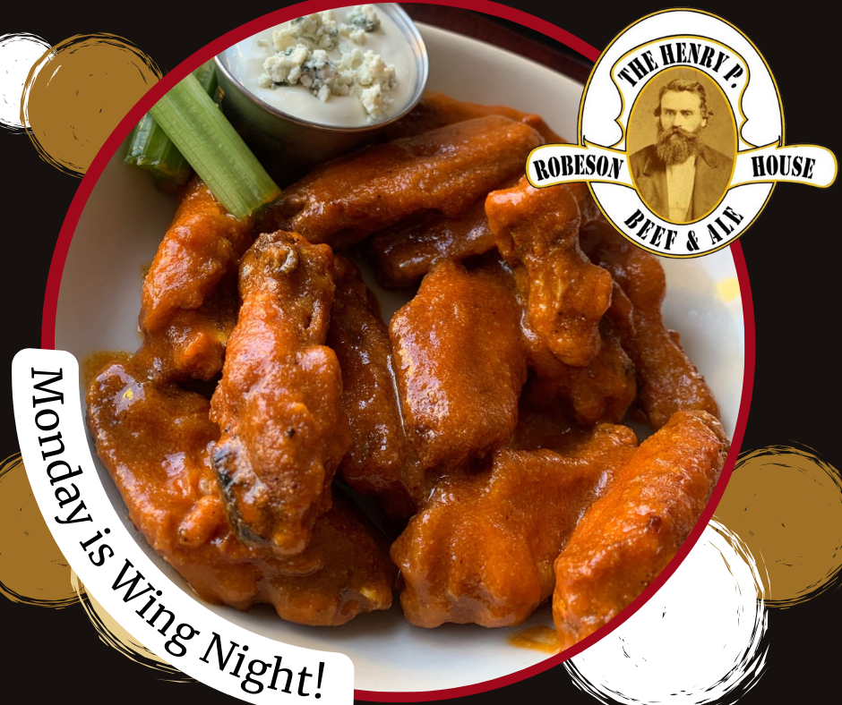 Buffalo wings with celery and dip on a plate; text says “Monday is Wing Night!”