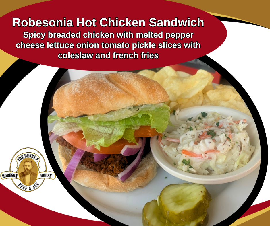 Robesonia Hot Chicken Sandwich with lettuce, tomato, pickles, coleslaw, and fries on a tray