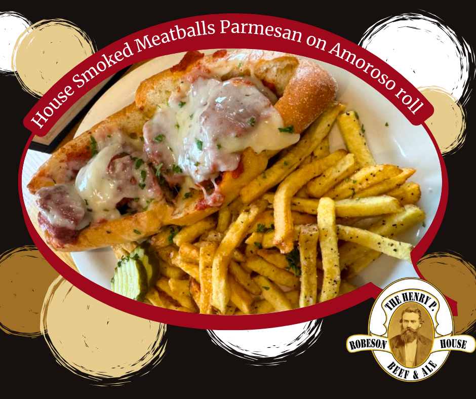 House-smoked meatballs parmesan over rotini pasta, framed by a red oval banner.