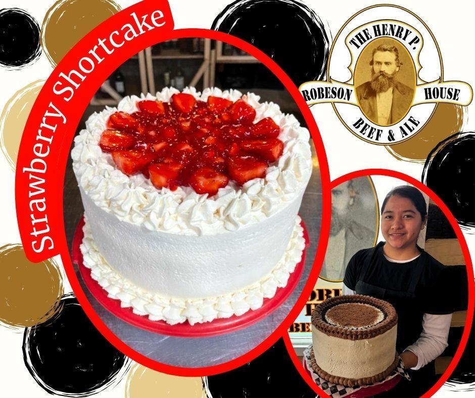 Strawberry shortcake decorated with whipped cream and strawberries, shown with bakery logo and baker holding a cake