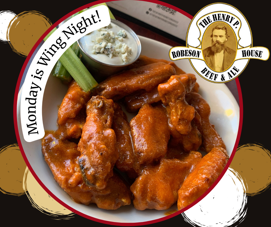 Buffalo wings on a plate with celery and dipping sauce, labeled “Monday is Wing Night!”