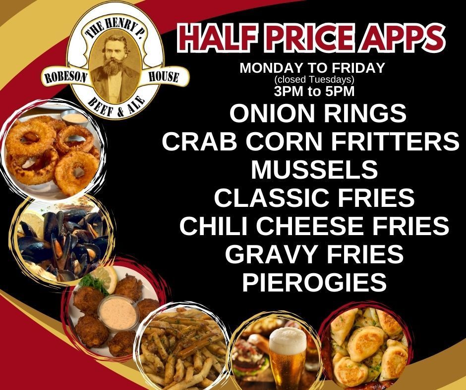 Fire Barn half-price apps menu ad with onion rings, mussels, fries, and pierogies on a black background