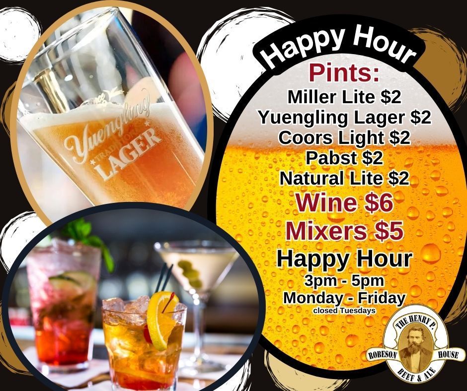 Happy hour drink specials poster with beer, cocktails, and prices on a black-and-gold background