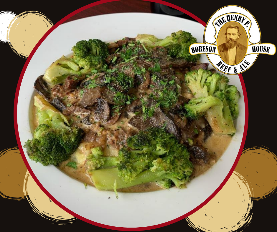Plate of broccoli and greens topped with a dark sauce, framed by a restaurant-style logo border.