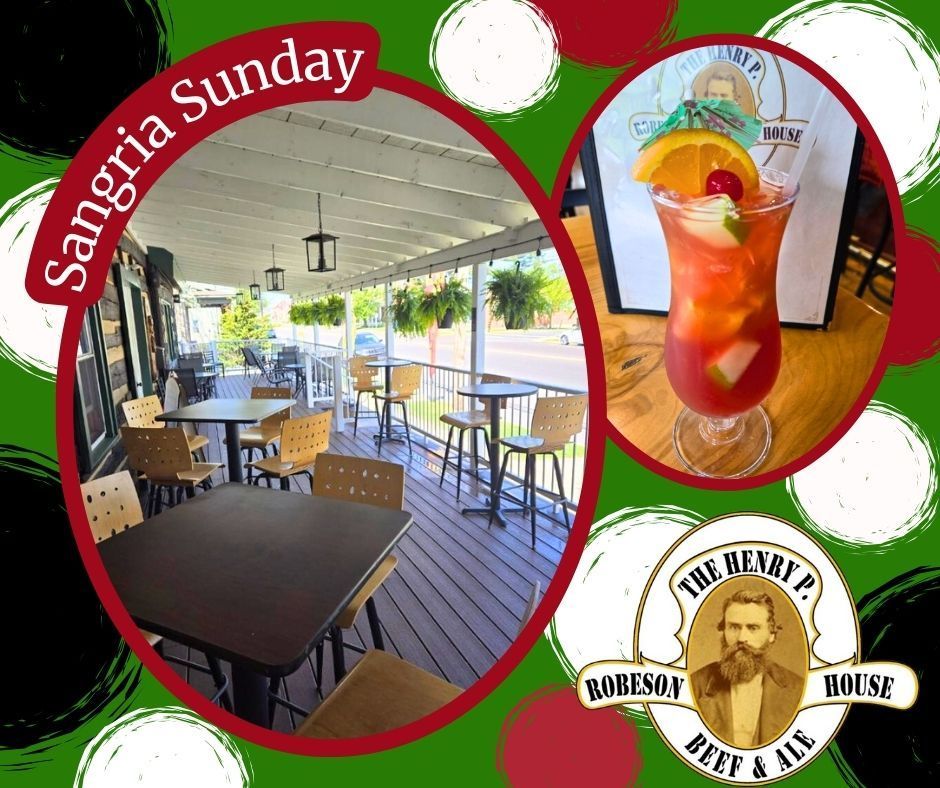Outdoor restaurant patio with tables, a colorful red drink, and Sunday brunch signage