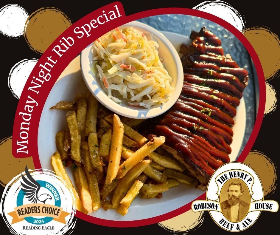 Monday night rib special with ribs, fries, coleslaw, and restaurant logos