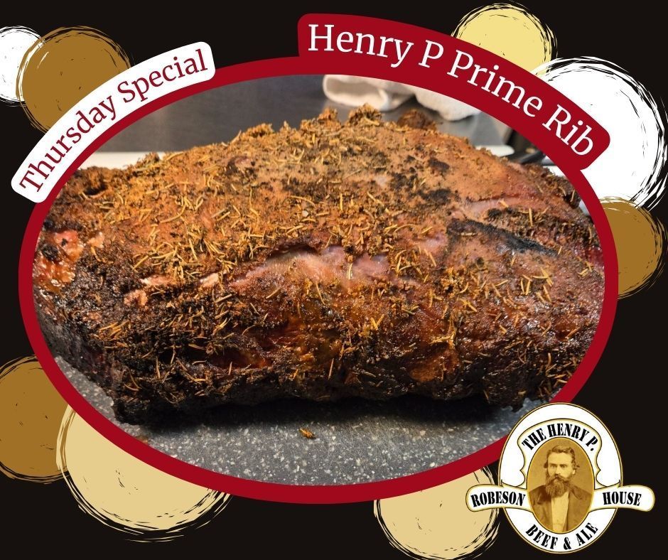Smoked prime rib on a tray with “Thursday Special” and “Henry P Prime Rib” text around it.
