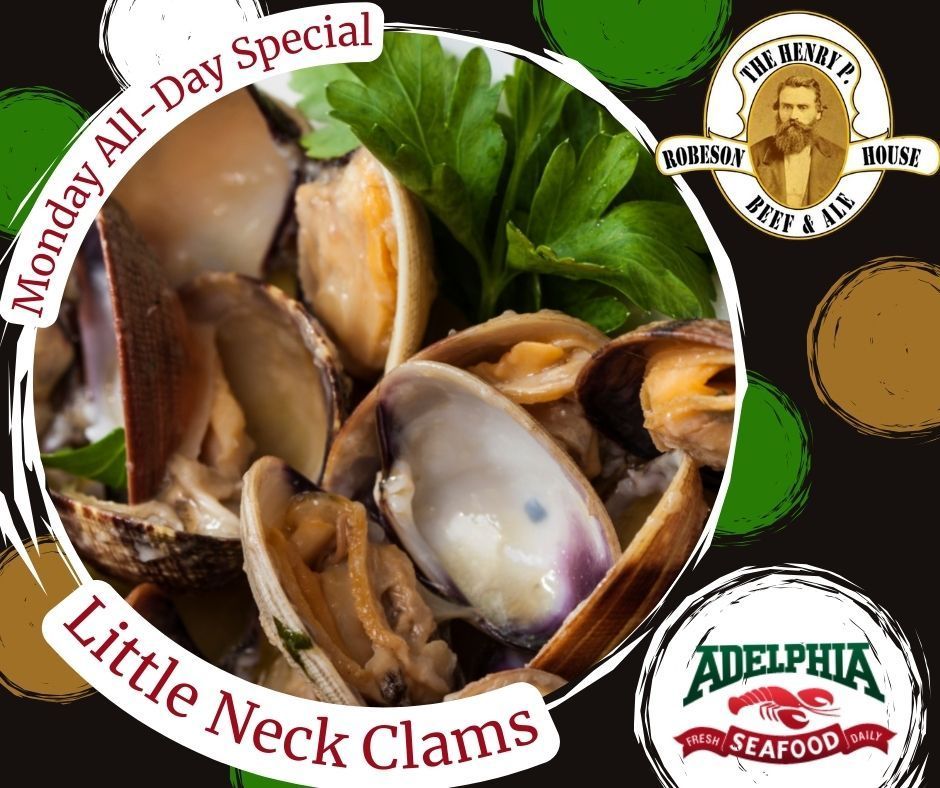 Monday all-day special: Little Neck clams with greens on a black seafood ad background