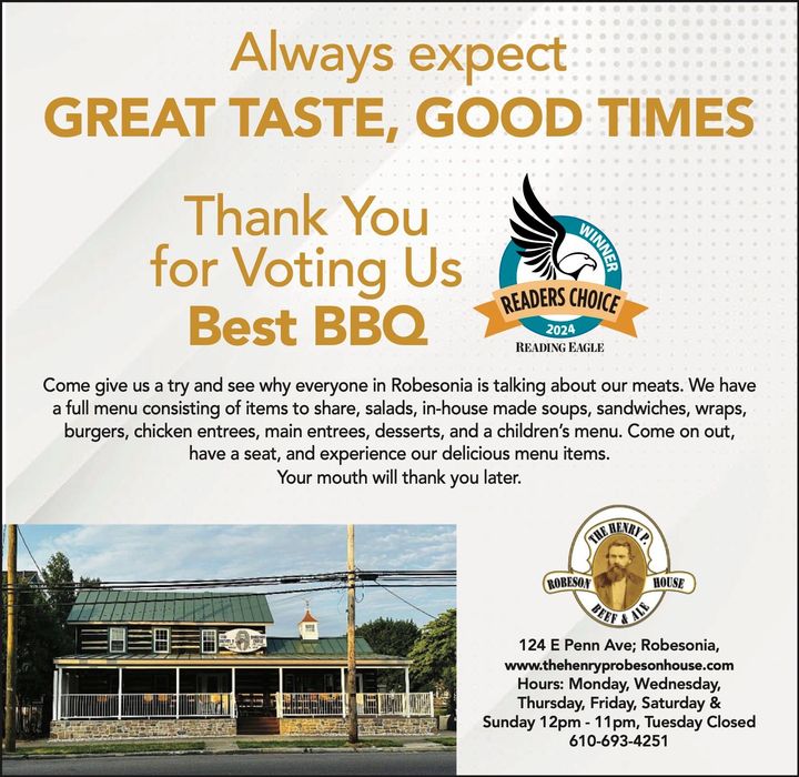 BBQ restaurant thank-you ad with logo, menu items, building photo, and hours for voting in Best BBQ contest