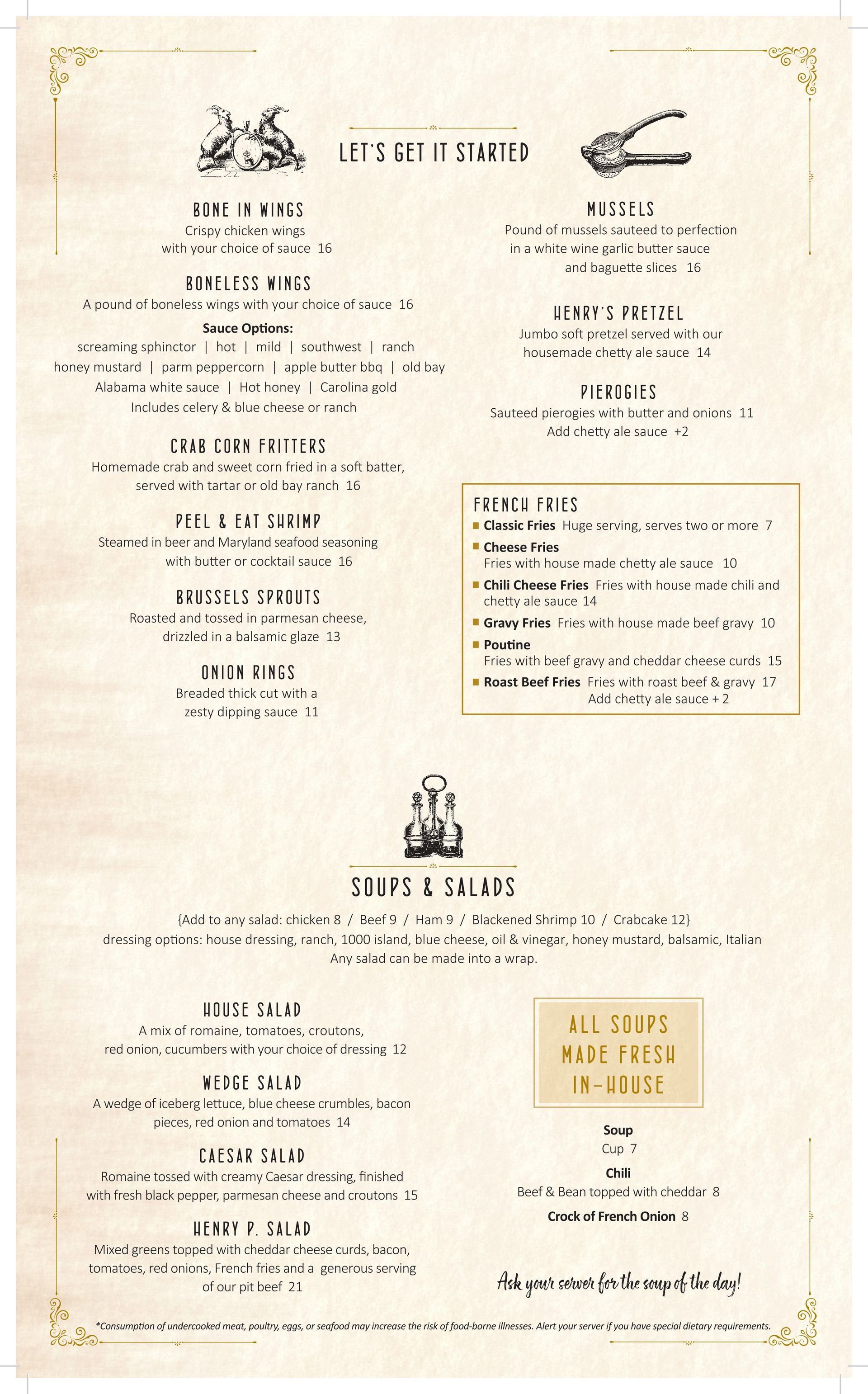 Sepia page with two-column menu text and small decorative illustrations, resembling a vintage restaurant menu.