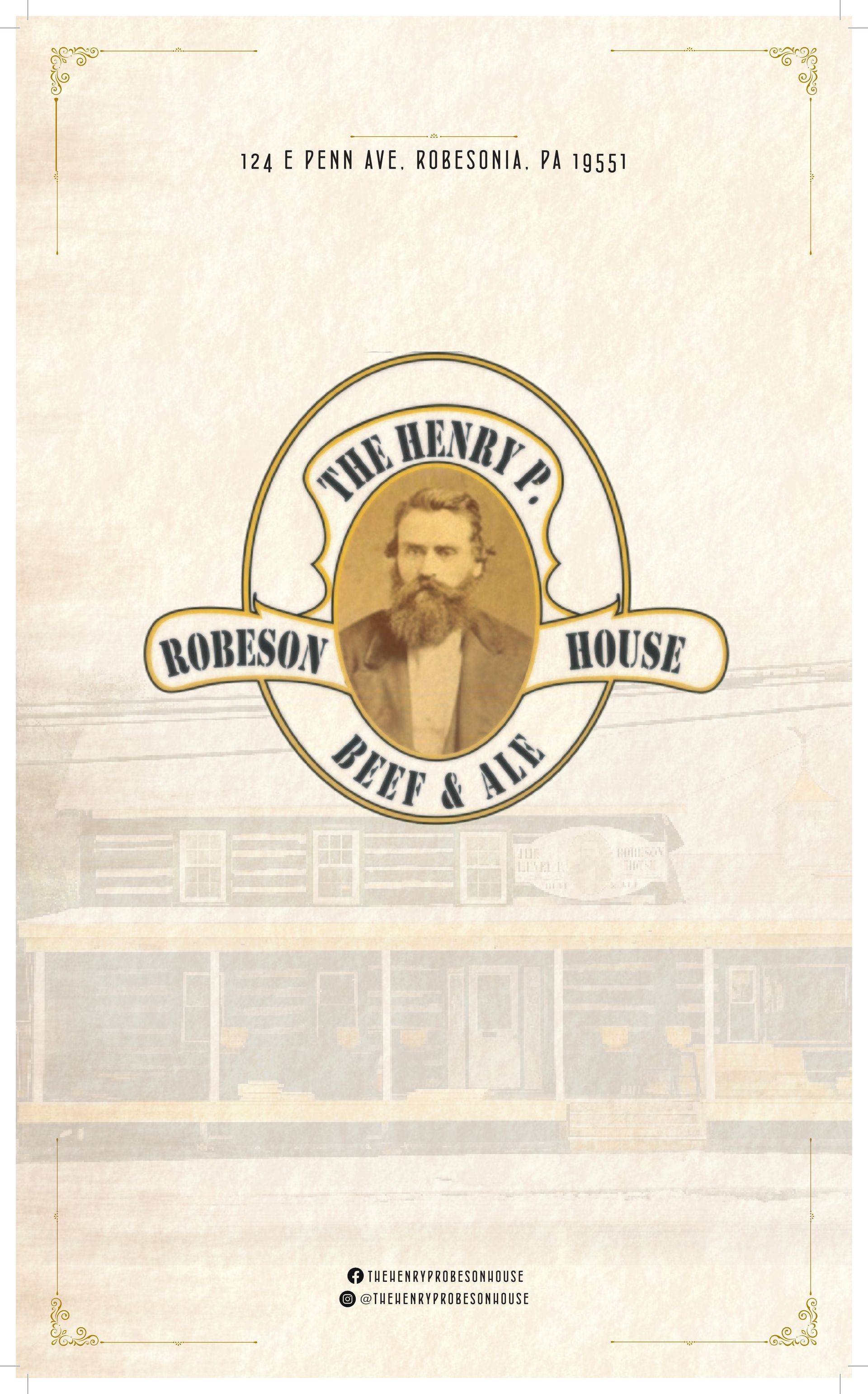 Vintage sepia Robeson House coffee ad with bearded man logo and storefront backdrop
